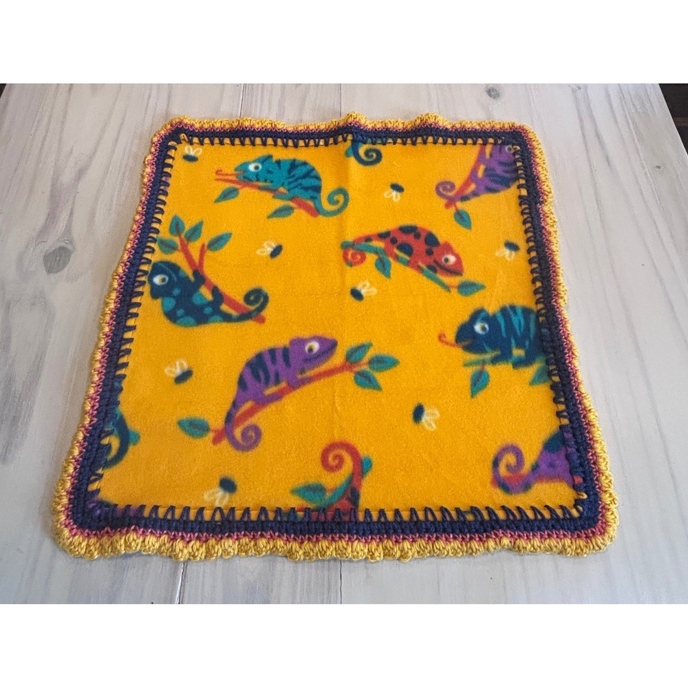 Handmade Chameleon Fleece Baby Blanket Yellow Crochet Trim 21x21 Small Security